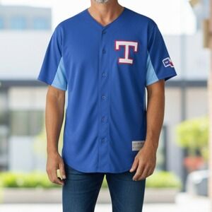 TX3 Cool Blue Mens Baseball Fan Texas Rangers Button Jersey Merchandise Large